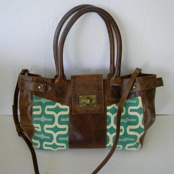 JOYN GENUINE LEATHER VINTAGE DISTRESSED SHOULDER BAG W/FRONT TURQUOISE/WHITE - Picture 1 of 11